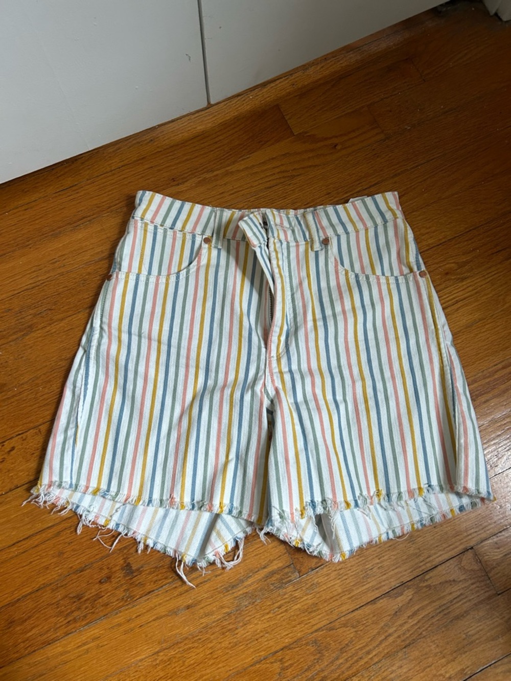 Wrangler Women's Stripe Denim Shorts in White with Blue, Yellow & Pink Stripes